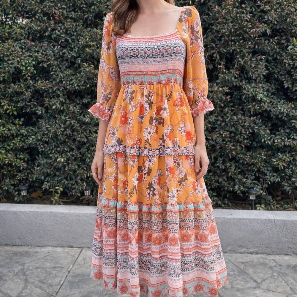 Davi & Dani Boho Printed Ruffle Maxi Dress Smocked Bodice Hippie Large Fairy - Picture 2 of 9